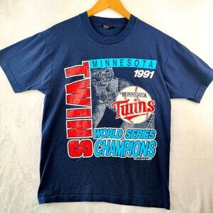 VTG Minnesota Twins 1991 World Series Shirt Size L Blue Graphic Single Stitch 90